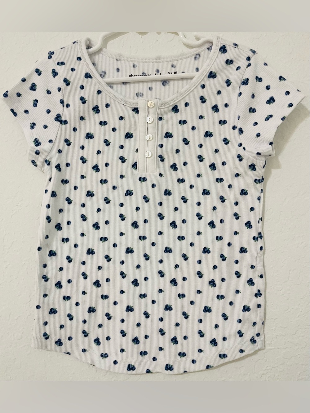 abercrombie kids White Ribbed Henley Top with Navy Dot Cluster Print